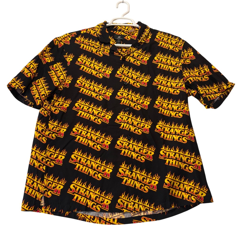 Stranger Things All Over Print Button Up Netflix H&M Shirt Men's M Black Flame